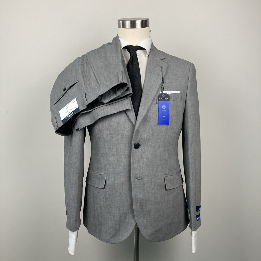 Nautica Mens Modern fit 2 Piece Suit Light Grey Solid Stretch 38S 32W 30L